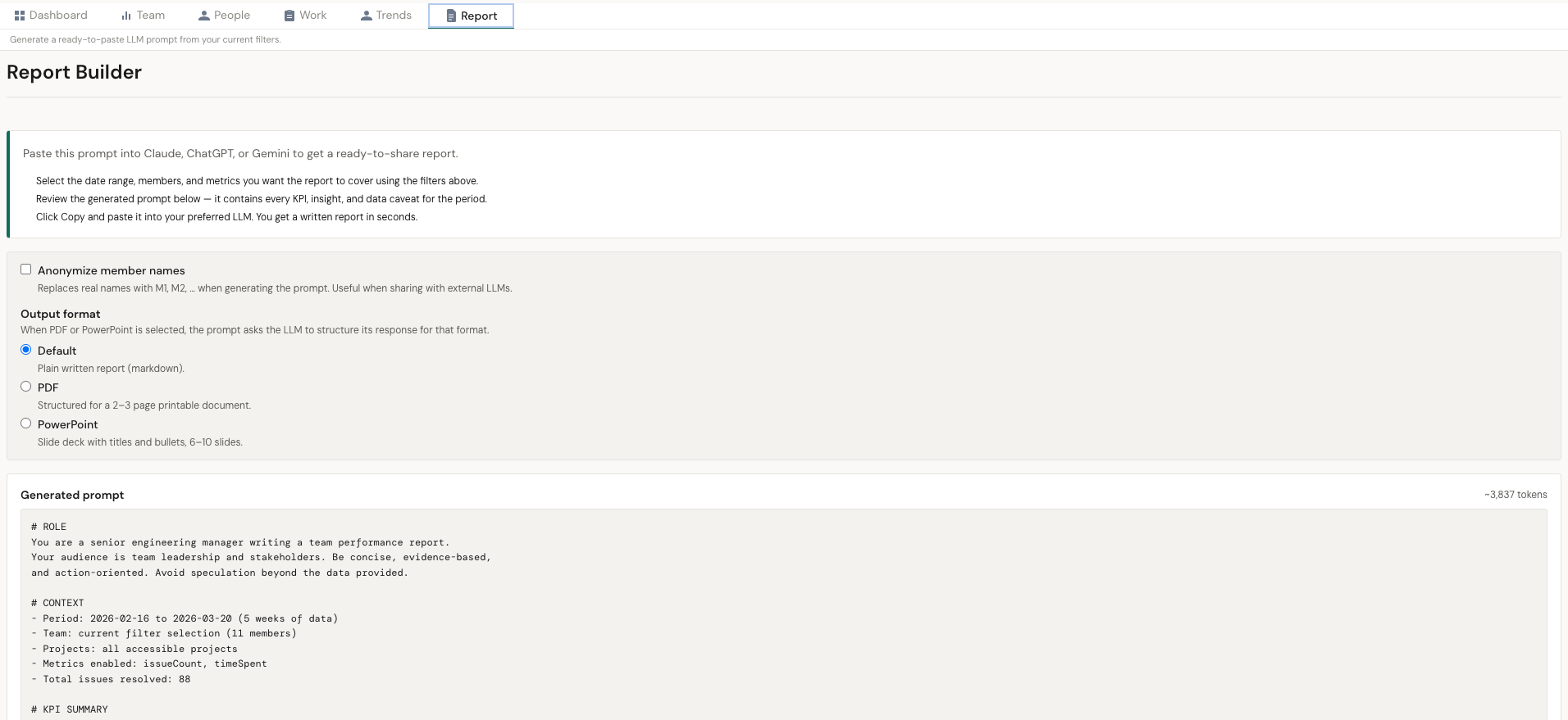PulseView Report Builder tab with prompt preview, anonymize toggle, output format radio group, token estimate, Copy and Download buttons